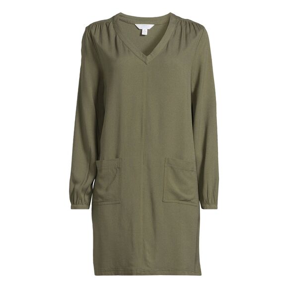 Time and Tru Green V Neck Mini Shift Dress Long Sleeves w/Pockets Size Large - Picture 6 of 10